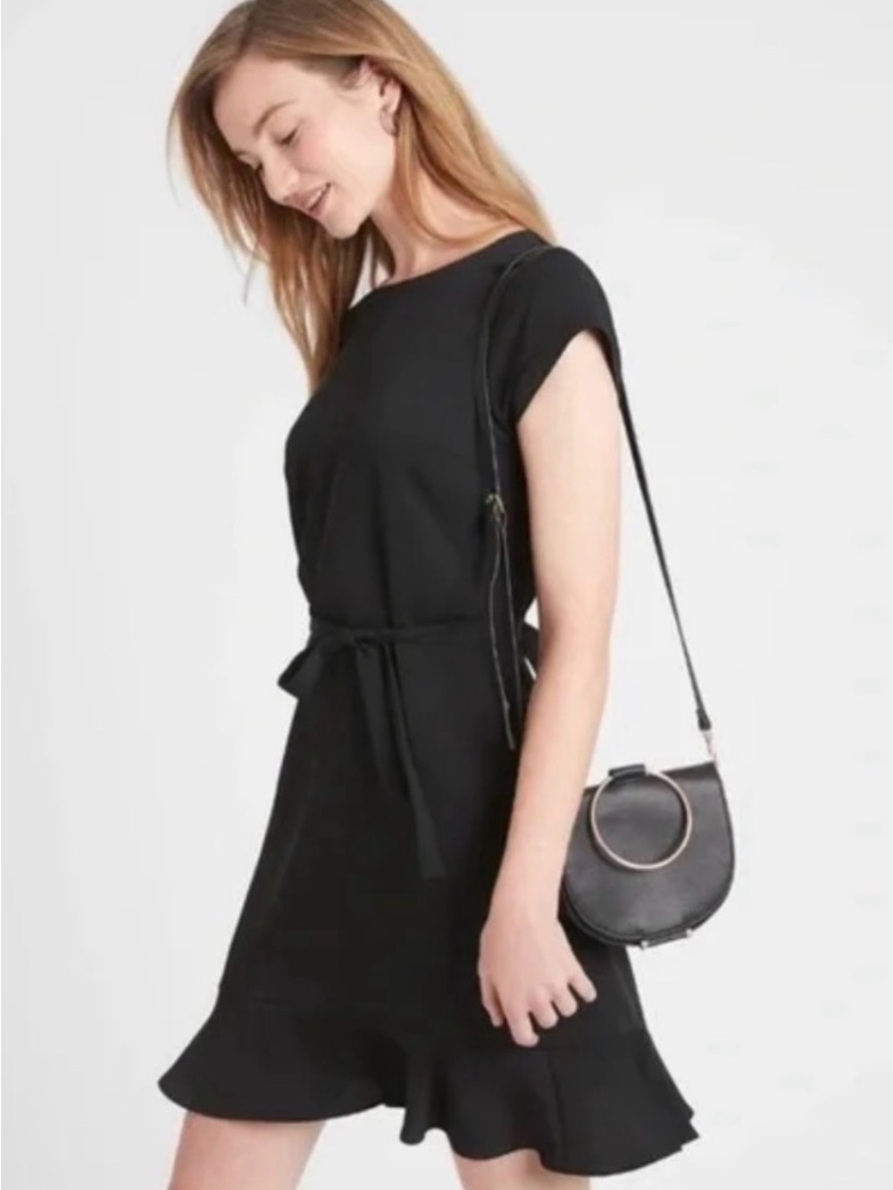 Banana Republic Black Belted Ruffle-Hem Midi Dress